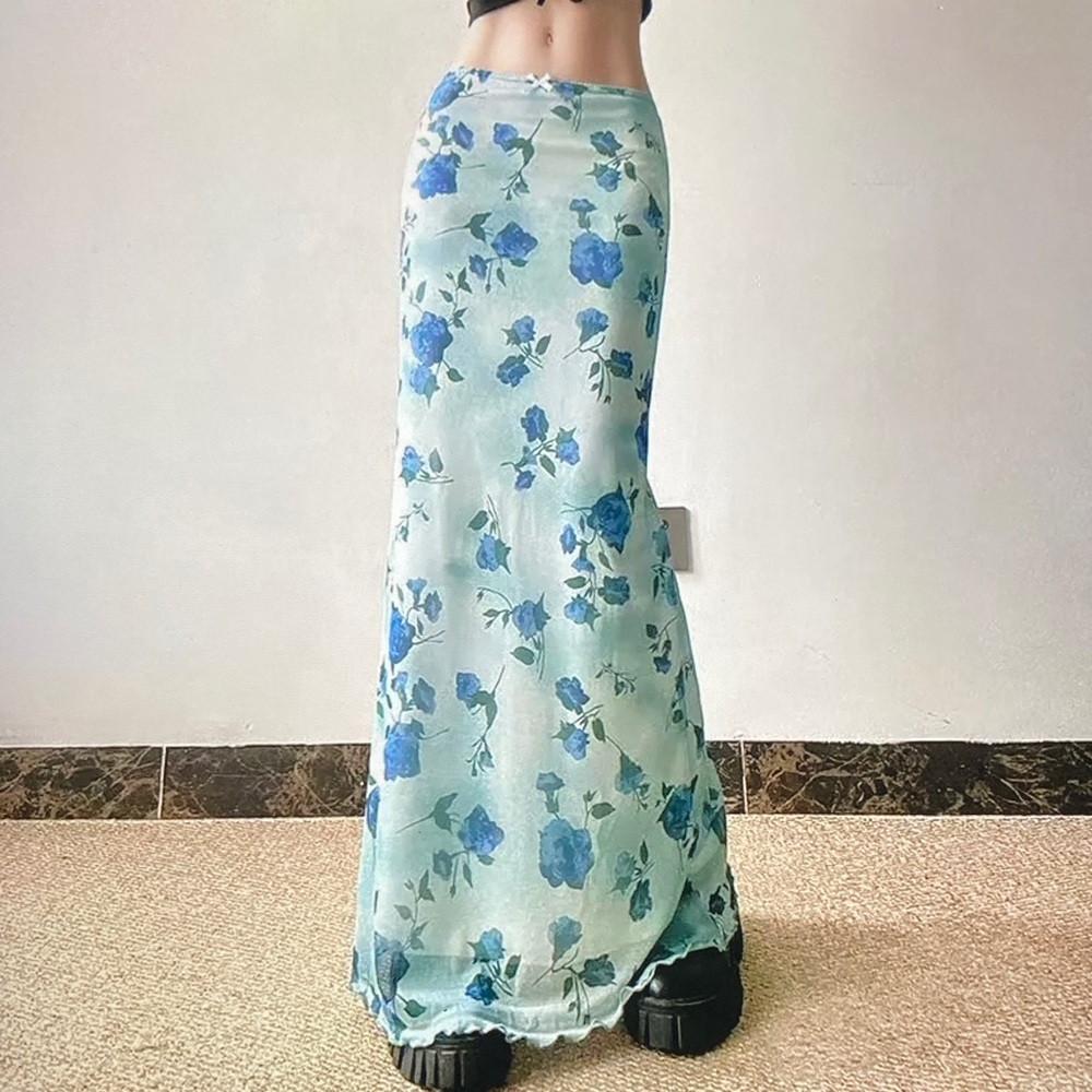 Mint Blue Floral Maxi Skirt - Women's Flowing Slip Skirt